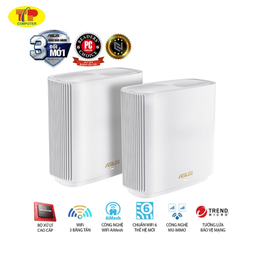 Bộ Mesh Wifi ASUS XT8 (W-2-PK) ZenWiFi 6 Chuẩn AX6600, 3 băng tần, AiProtection, Parental Control