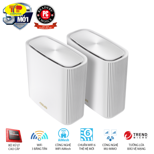 Bộ Mesh Wifi ASUS XT8 (W-2-PK) ZenWiFi 6 Chuẩn AX6600, 3 băng tần, AiProtection, Parental Control